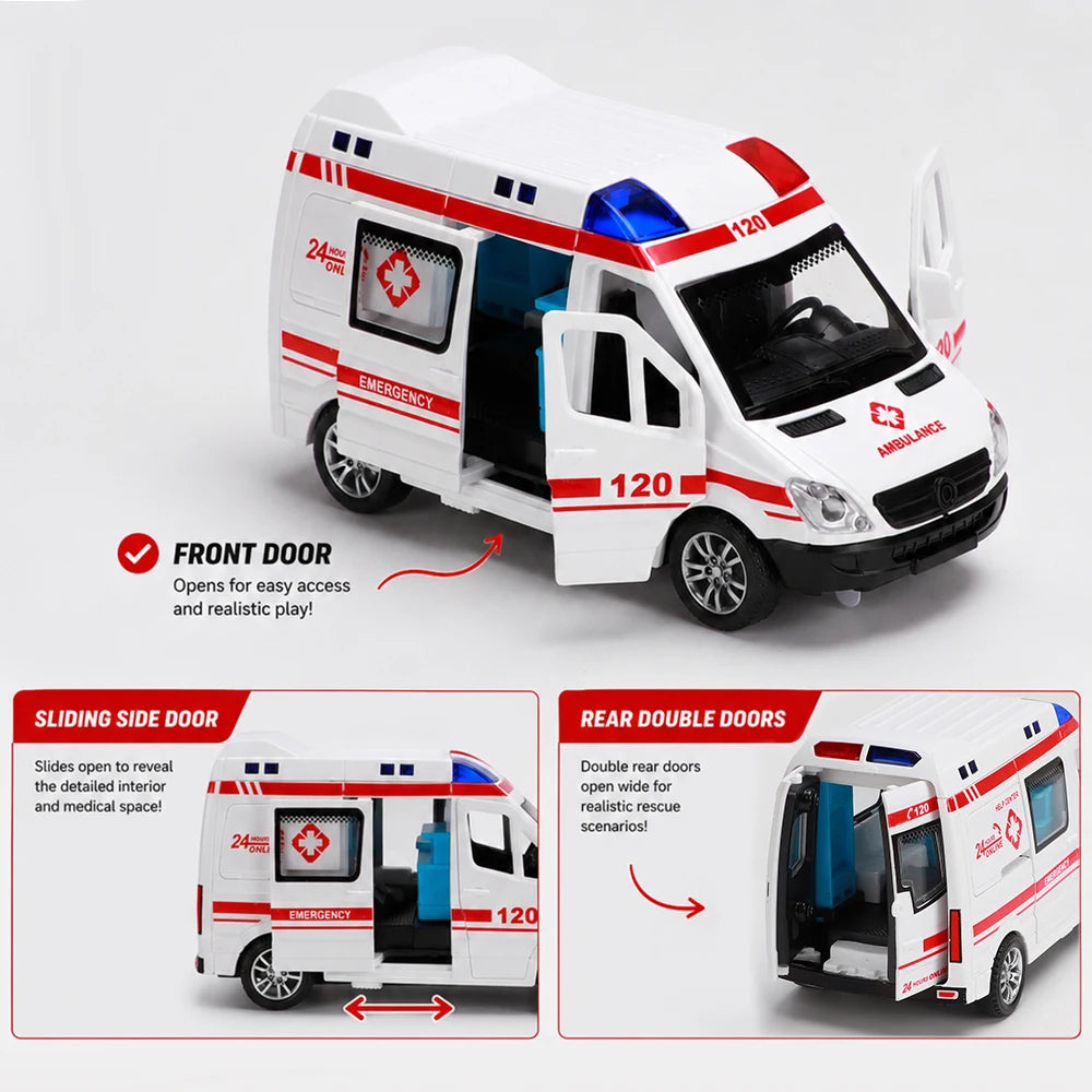 1:32 Mini Car Diecast Ambulance Fire-Truck Policecar Model Sound And Light Vehicle Simulation Collection Gifts Toys