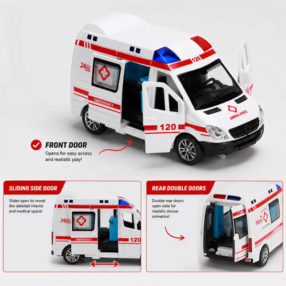 1:32 Mini Car Diecast Ambulance Fire-Truck Policecar Model Sound And Light Vehicle Simulation Collection Gifts Toys