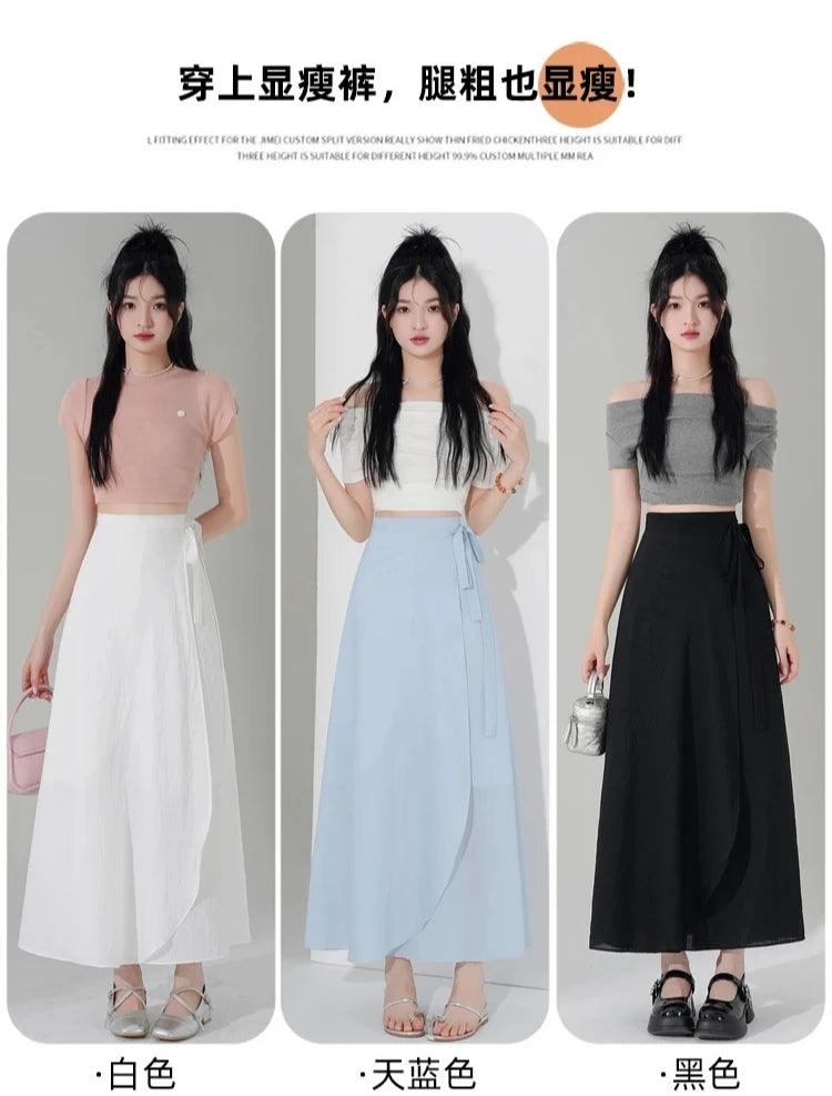 Chic Korea Clothes Summer Women Cute Sweet GIrls Solid Robe Holiday Date High Waist Retro Vintage Wrap One-Piece Lace-Up Skirts