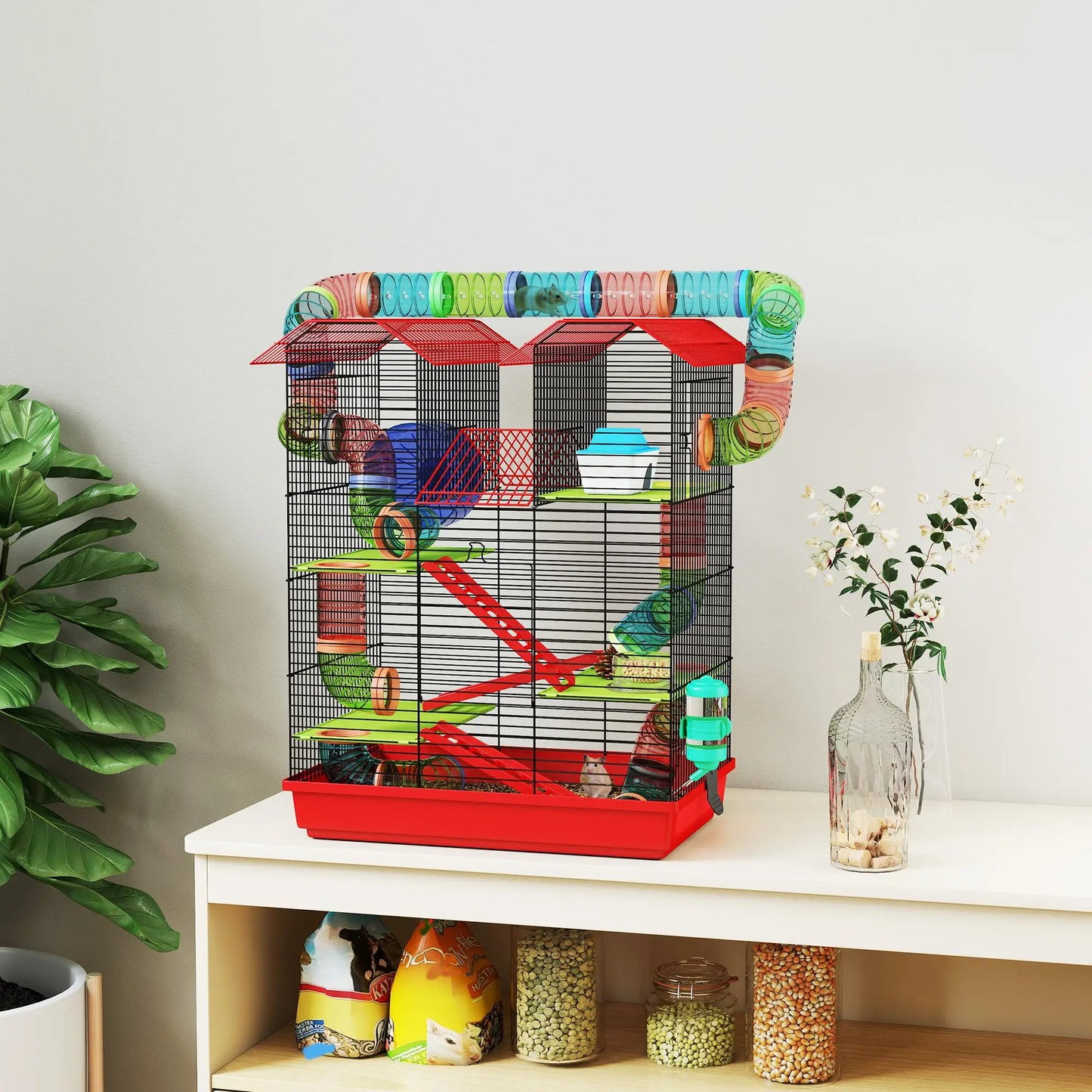 5-level metal hamster cage 47x30x59 cm with wheel, tunnel, house, ramps, drinking bowl & food dispenser for small animals