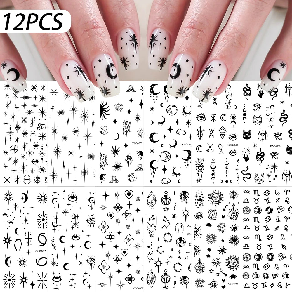 12Pcs 3D Gold Star Moon Sun Nail Stickers 10*8cm Y2K Starlight Self-adhesive Nail Decals Snake Cat Slider DIY Manicure Accessory