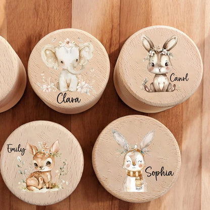 Personalized Wooden Milk Teeth Box Elephant Bunny with Name Wooden Tooth Box Protection of Baby's Fetal Hair Anniversary Gift