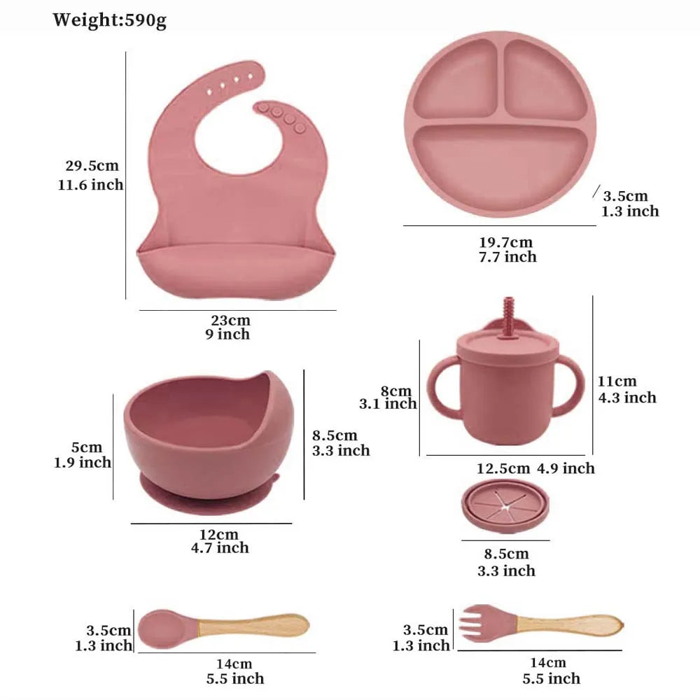 7pcs baby silicone tableware set, bib, dining plate, bowl with suction cup, 2-in-1 water cup, snack cup, wooden spoon and fork