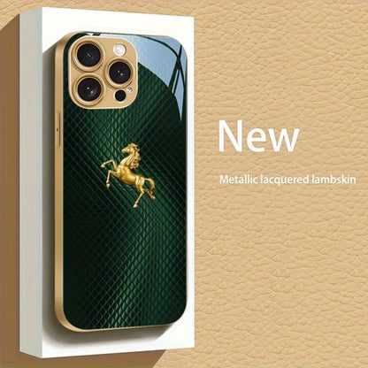 Green Plaid Gold Horse Pattern Metallic Paint Glass Phone Case For iPhone 17 16 15 14 13 12 11 Pro Max 15 Plus 17 Air 16E Cover