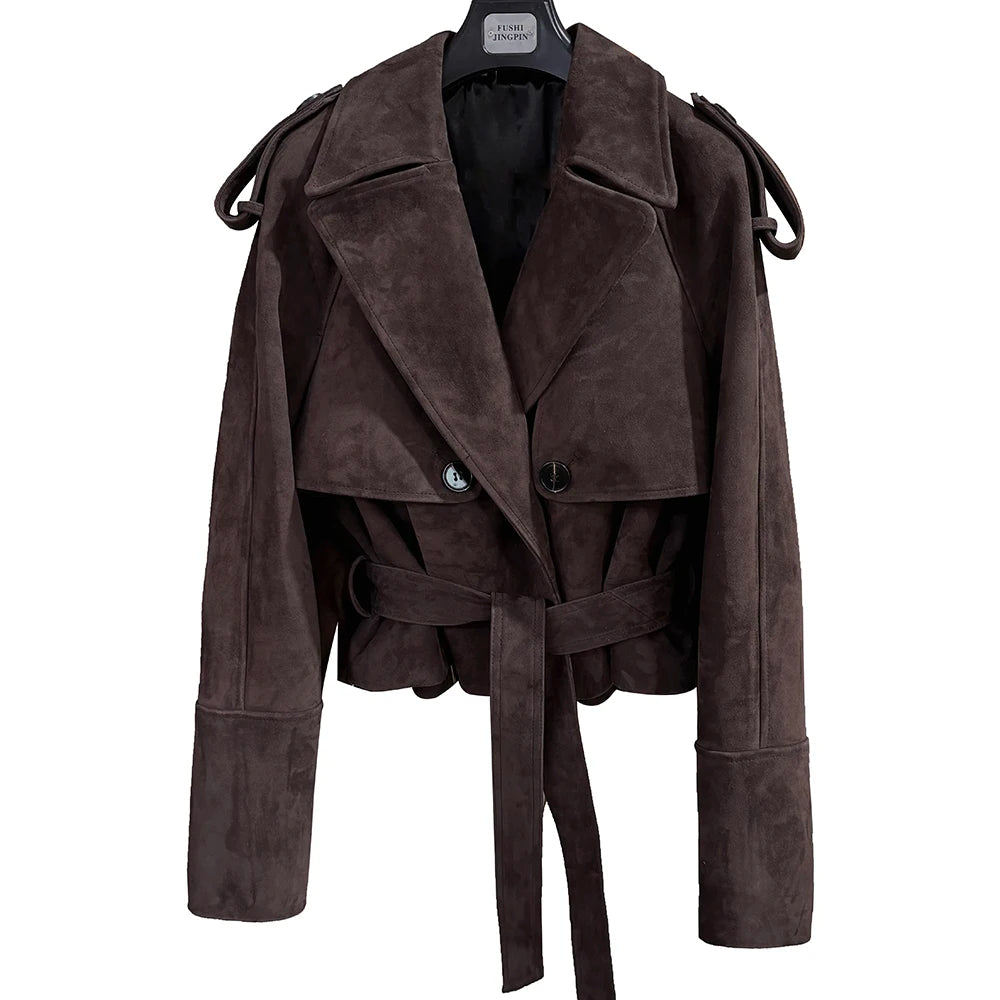 YOLOAgain Vintage Grain Leather Jacket Women Real Leather Sheepskin Jacket With Belt