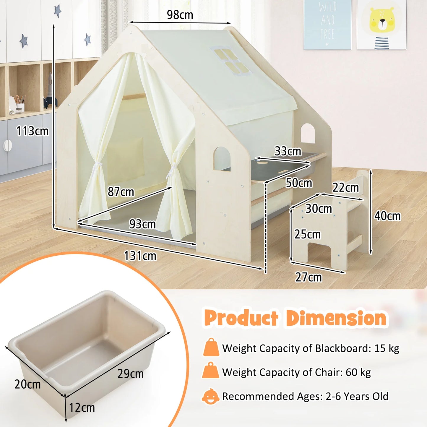6-in-1 Children's Wooden Tent with Children's Table & Chair, Children's Play House with Mat, Blackboard, Storage Box, Chalk Box