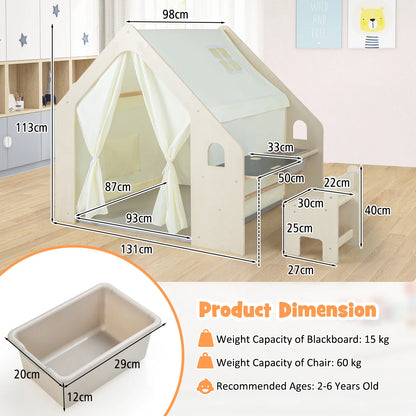 6-in-1 Children's Wooden Tent with Children's Table & Chair, Children's Play House with Mat, Blackboard, Storage Box, Chalk Box
