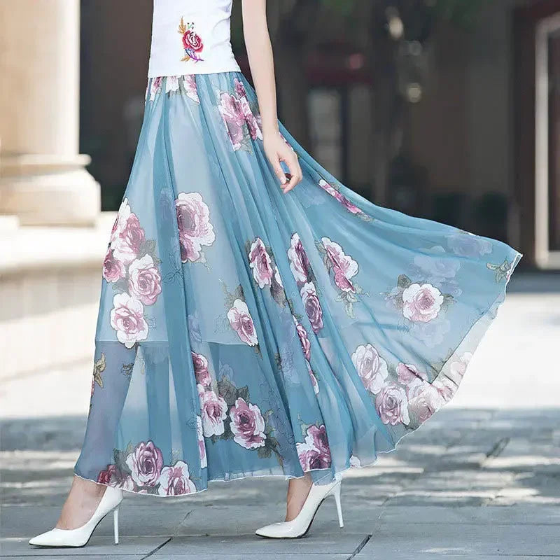 PTKPCC New Chiffon Floral Maxi Summer Skirt Women Long High Waist Holiday Dance Skirt Elegant Beach Boho Hot Sale  Skirts