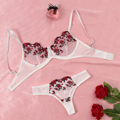 Women Sexy Lace Lingerie Push Up Lingerie Semi-Sheer Bra And Panty Sets Female Erotic Underwear Flower Embroidery Bralette Set