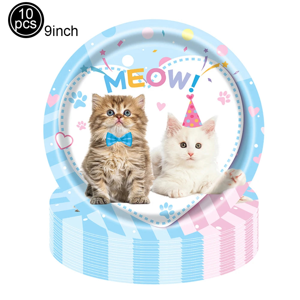 Cat Party Paper Plates Cups Napkins Party Supplies Cat Face Happy Birthday Banner Tablecloth for Cat Themed Birthday Party Decor