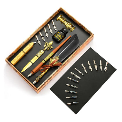 Sprinkling Gold Vintage Feather Pen Set Luxury Fountain Pen Ink Bottle Calligraphy Writing Dip Pen Nib Quill Birthday Gift Box
