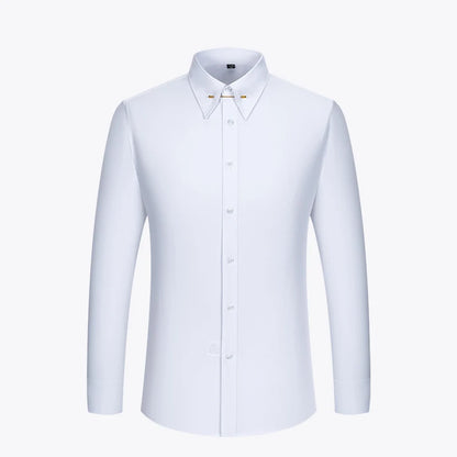 Embroidered French Cufflinks Men's Long-Sleeve Shirt with Collar Pins, Big Collar Dress Shirt for Business Formal Wear, Gentlema