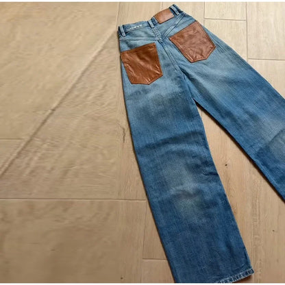 Female Vintage Leather Pocket Jeans Women Blue Zipper Straight Loose Trousers Lady New Fashion Daily Casual Spring Pants 2026
