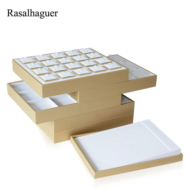 Luxury Gold White PU Leather Necklace Ring Earring Holder Jewelry Tray Series Jewelry Disply Jewellery Organizer Box