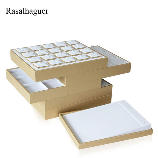 Luxury Gold White PU Leather Necklace Ring Earring Holder Jewelry Tray Series Jewelry Disply Jewellery Organizer Box
