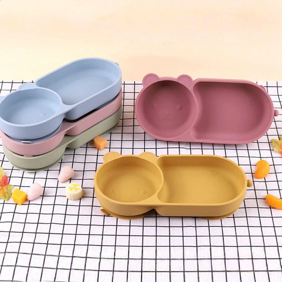 Baby Silicone Suction Cup Bowl Cute Bear Design Macaron Color 100% Food Grade Silicone BPA Free Double plate design for meals