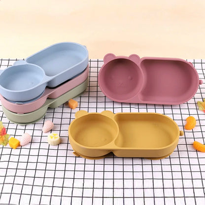 Baby Silicone Suction Cup Bowl Cute Bear Design Macaron Color 100% Food Grade Silicone BPA Free Double plate design for meals
