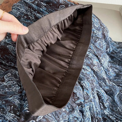 High Waisted Printed Vintage Long Skirts Women Korean Loose Pleated A Line Mesh Skirt Woman Big Hem Mid Length Tulle Skirts