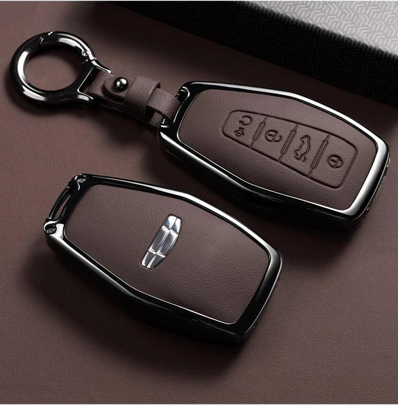 Car Zinc Alloy Leather Key Case Cover Holder Chain For Geely Okavango Coolray Atlas Monjaro Tugella Emgrand GT S Proton X50 X70