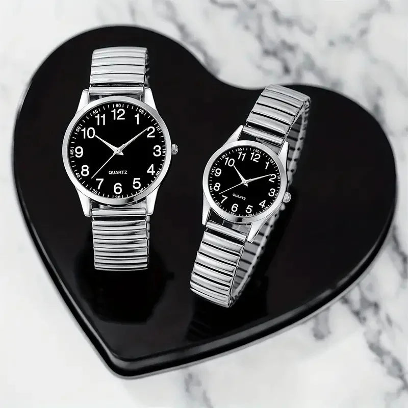 black alloy Arabic numerals for men and women Elastic elastic band quartz watch set Lovers watch gift set