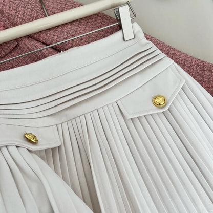 New Fashion Korean Elegant Pleated Mini Skirts Women Vintage Buttons Woolen Solid A-line High Waist Short Skirt Autumn Spring 
