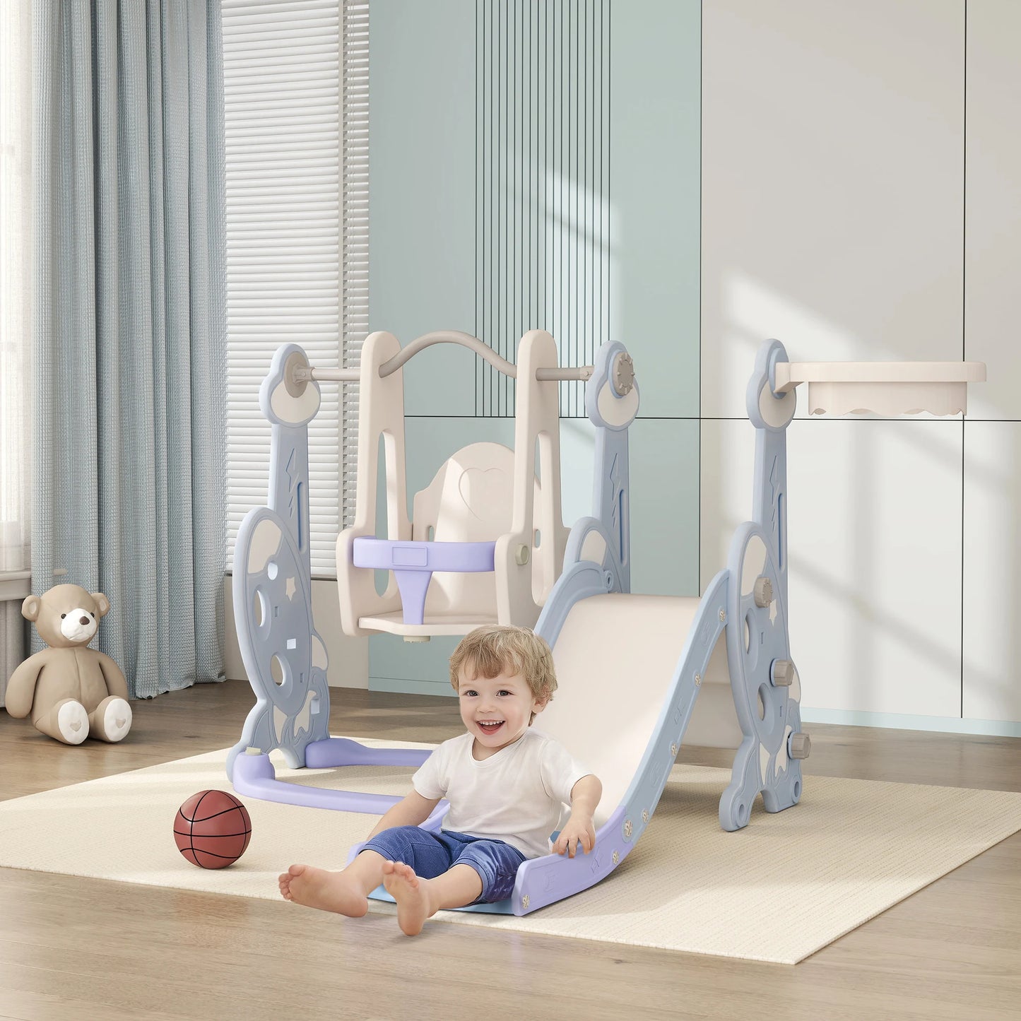 4-in-1 children’s play set with a slide, swing, climbing wall, and hoop, 147.5x160x107 cm, light blue