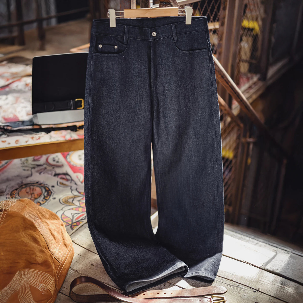Maden Vintage Men's 15.6oz Selvedge Raw Denim Jeans Wide Leg Trousers with YKK Zipper Fly Straight Fit Jeans for Fall and Winter