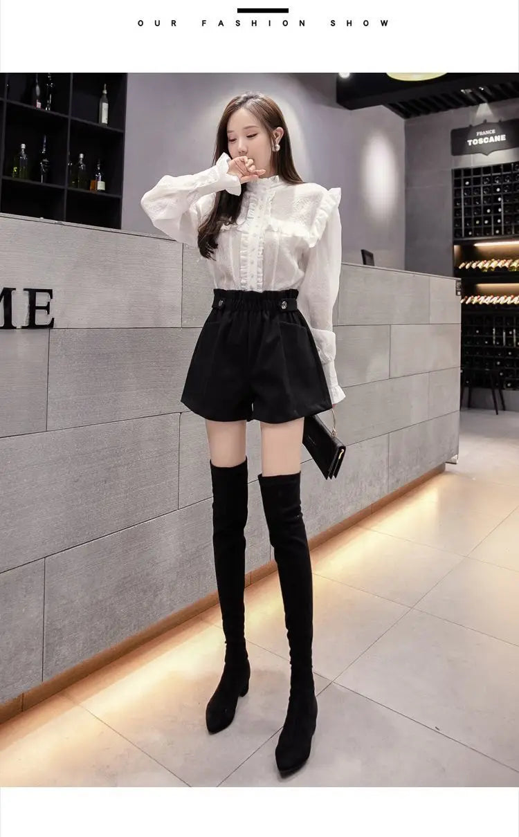 Black Woolen Shorts Women Chic Folds High Waist Design Loose Autumn Winter College Vintage Streetwear Lovely Female Classy Basic