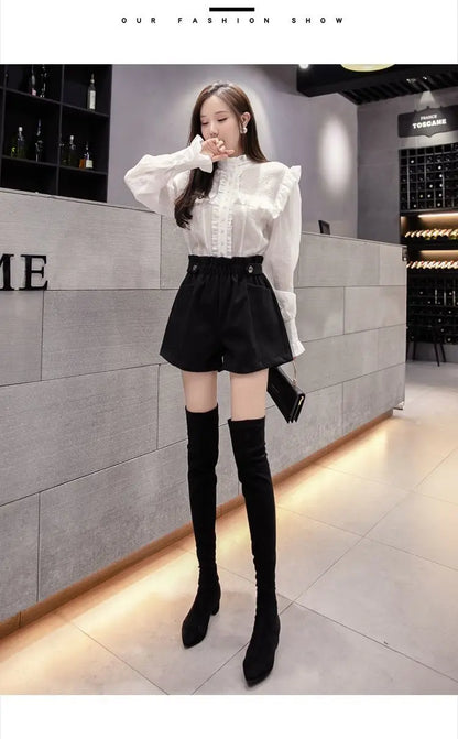 Black Woolen Shorts Women Chic Folds High Waist Design Loose Autumn Winter College Vintage Streetwear Lovely Female Classy Basic