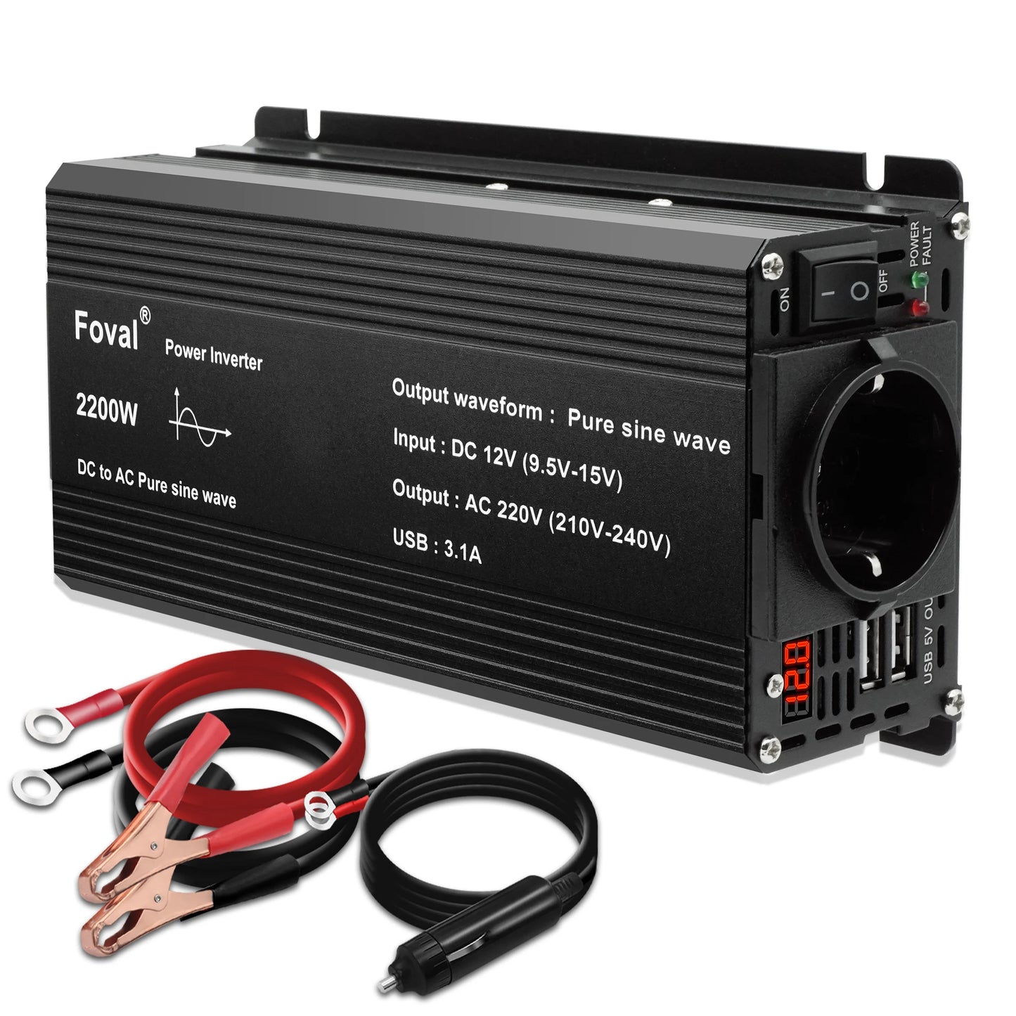 Pure Sine Wave Inverter DC 12V to AC 220V 230V 1500W/2200W/2600W/3000W Voltage Transfer Converter EU Socket Auto Accessories