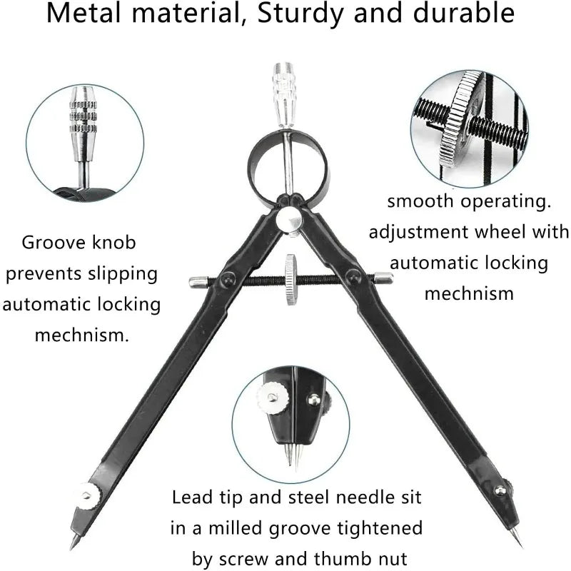 Compass Geometry Set with Lock, Professional Compass,for Solid and Plane Precis Math and Precision Compass, Metal and Durable