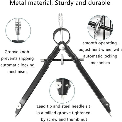 Compass Geometry Set with Lock, Professional Compass,for Solid and Plane Precis Math and Precision Compass, Metal and Durable