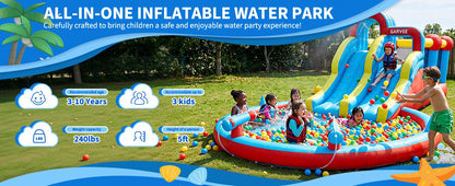 Garvee Kids Bouncy Castle with Water Slide, Large Inflatable with Blower, Jumping Area, Water Gun, Splash Pool, Outdoor Slide, Children’s Play Bouncer for Indoor or Outdoor Garden Games, Backyard Toy