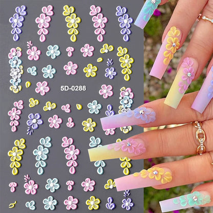 5D Hibiscus Flower Nail Embossed Sticker Acrylic Pink White Gold Petal Leaf Adhesive Decal Butterfly Dragon Floral Elegant Decor
