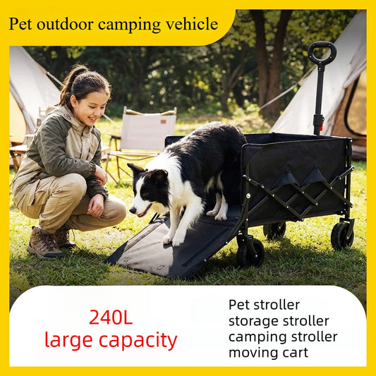 5-inch Multifunctional Camping Pet Stroller Large-capacity Camping Cart with Ramps Foldable Outdoor Camping Cart