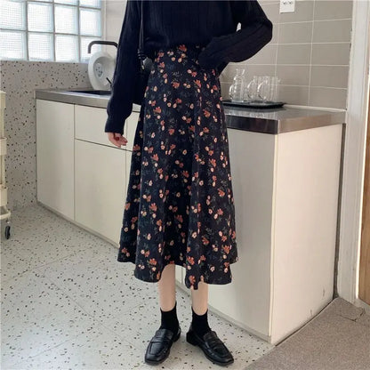 Women Floral Corduroy Midi Skirt High Waist A Line Printed Swing Long Skirt For Spring Autumn
