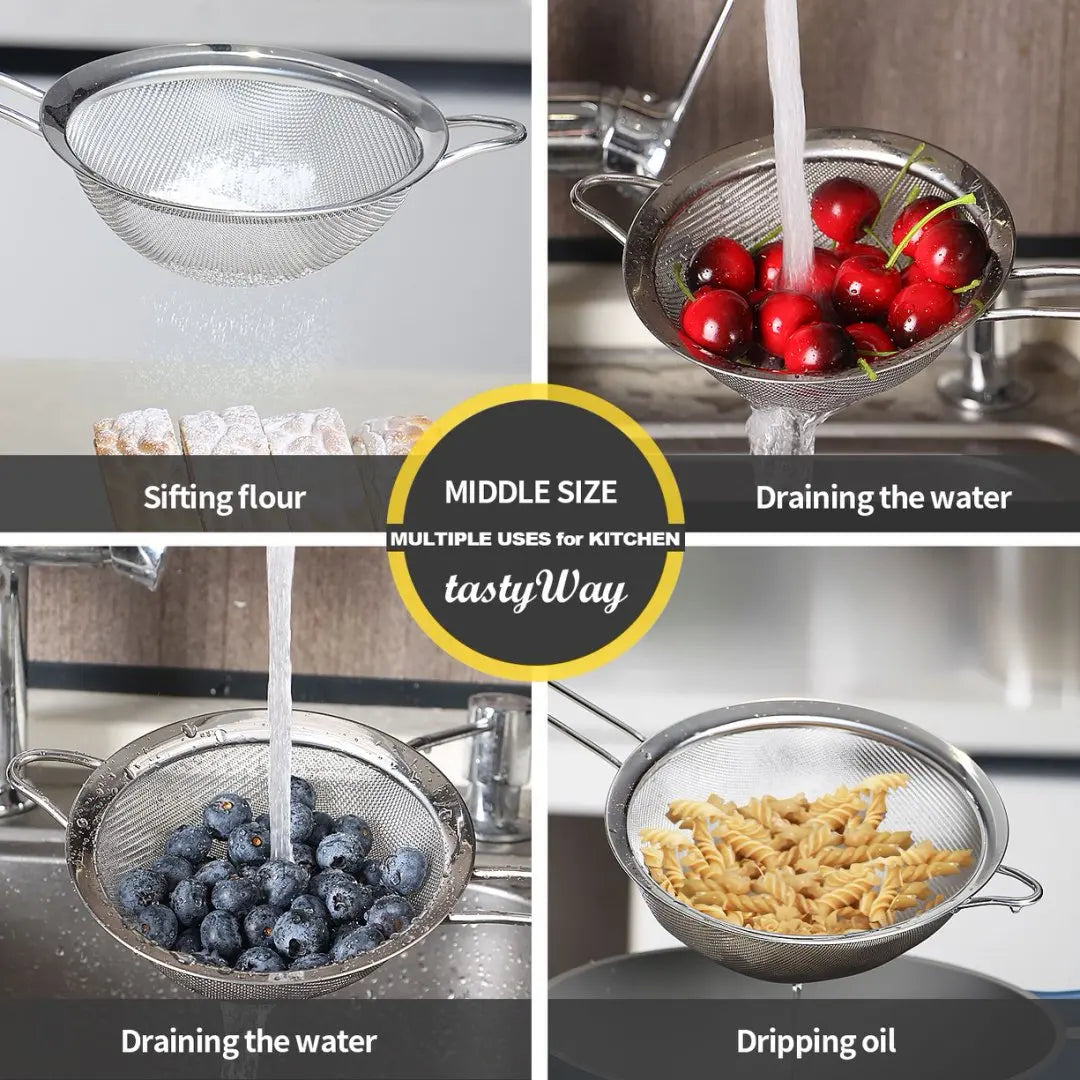 tastyWay 3pcs/set Stainless Steel Fine Mesh Strainers Multipurpose Flour Sifter For Baking With Handle Flour Sieve Sifter Baking