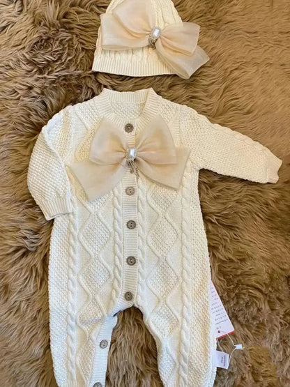 Dollbling Baby Boys' Knit Ribbed Romper Jumpsuit with Bodysuit and Hat 3pcs Set Newborn Cotton Knitted Sweater Romper Suit