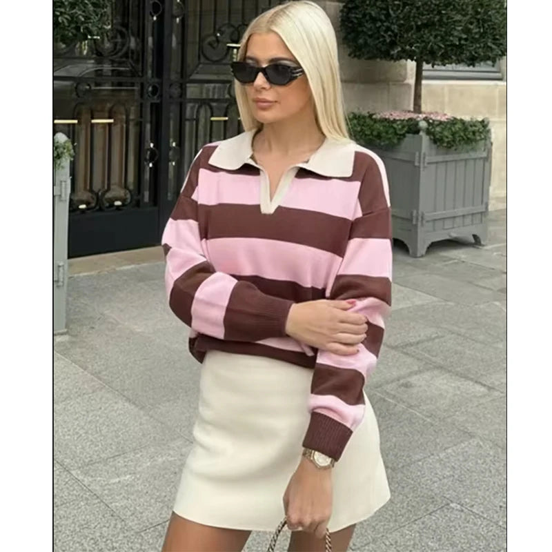 Sweater knitted Pullover Women's Spring 2026 New Fashion Striped Loose Polo neck Warm Women Sweater Chic Youth Holiday Pullover