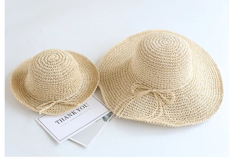 Summer New Parent-child Straw Hat Girl Casual Solid Foldable Big Brim Holiday Hats Baby Boy Beach Fisherman's Cap