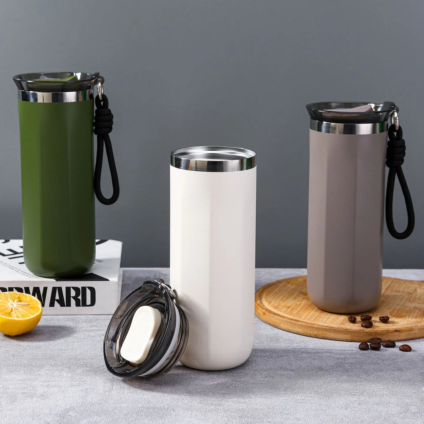 Vacuum Insulated Coffee Travle Mug Stainless Steel Thermo Bottle Cup Thermal Tumbler With Carrying Ring Flask for Hot Cold Drink