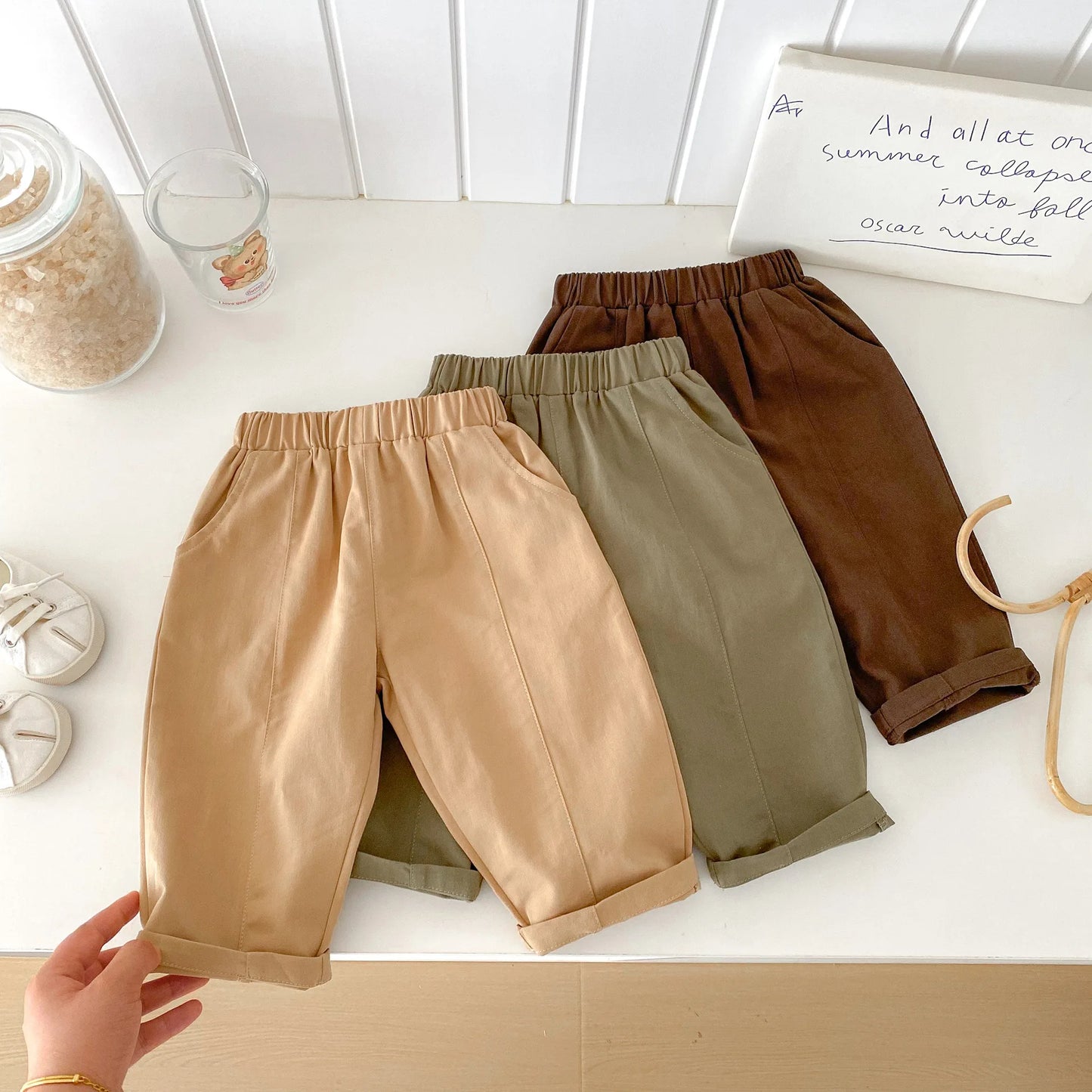 Toddler Girl Cotton Pleated Harem Pants 1-6Y Kids Boys Solid Color Casual Roll Up Trousers Comfy Elastic Waist Kids Bottoms
