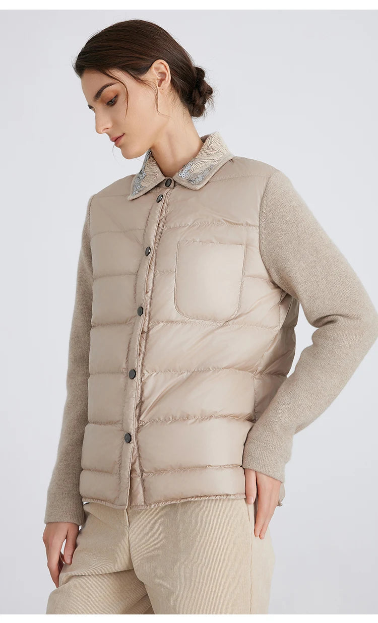 BC911 Polo Collar Spliced 100% Cashmere Long Sleeve Single Breasted White Goose Down Jacket for Women