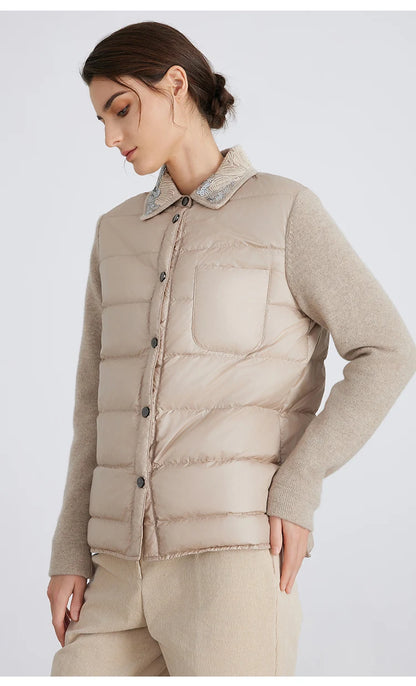 BC911 Polo Collar Spliced 100% Cashmere Long Sleeve Single Breasted White Goose Down Jacket for Women
