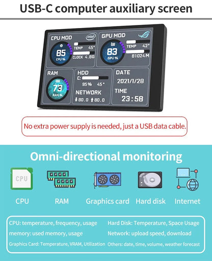 3.5 / 5 Inch IPS Type-C Secondary Screen Mini Computer USB Display CPU GPU RAM HDD Monitor with Holder Metal Case No Use AIDA64