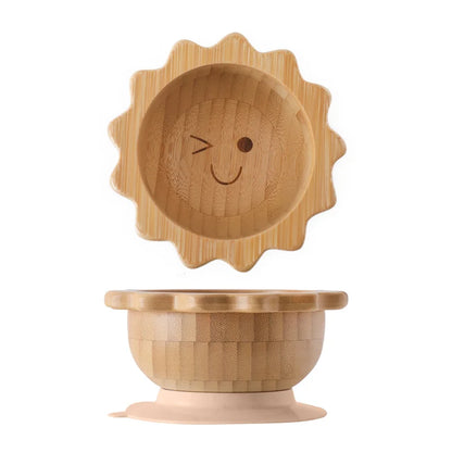 Baby Wooden Tableware Set Wooden Handle Fork Spoon Could Bamboo Wooden Plate Bowl Silicone Suction for Children Feeding Supplies