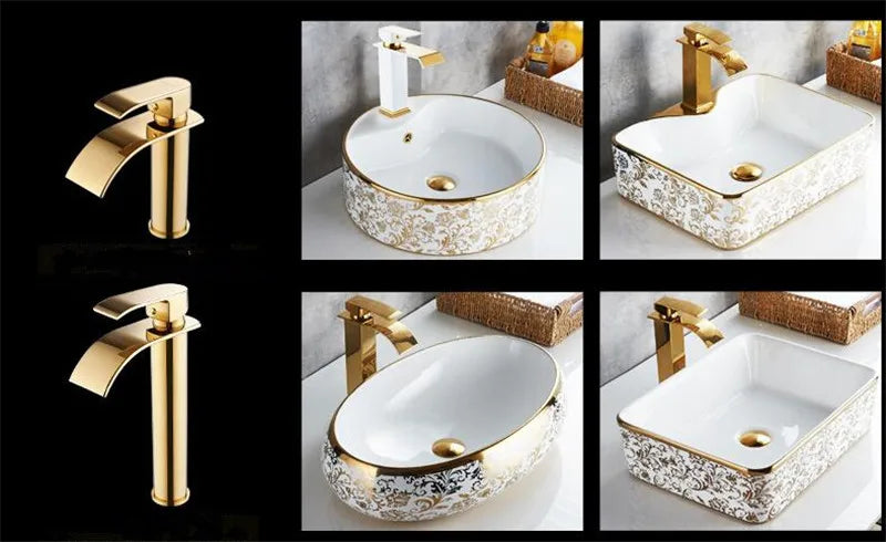 Basin Faucet Gold and White Waterfall Faucet Brass Bathroom Faucet Bathroom Basin Faucet Mixer Tap Hot and Cold Sink Faucet