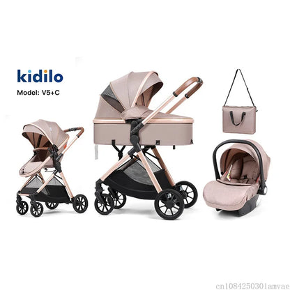 3-in-1 baby stroller, high landscape stroller, equipped with car seat, mom bag, one click folding, can sit and lie down