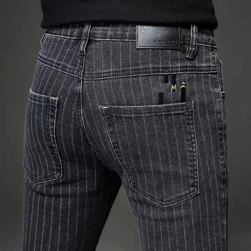 Men's Striped Slim Stylish Casual Pencil Pants Jeans Spring Autumn Korean Trendy Fashion Brand New Elastic Striped Long Trousers