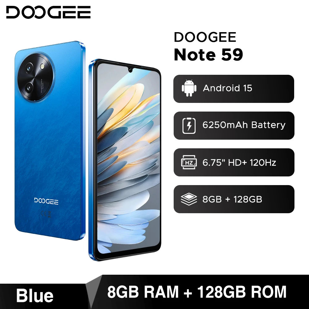 DOOGEE Note 59 5G SmartphoneAndroid 15 NFC Cellphone 6.75" Screen 32GB (8+24) 128GB Unisoc T820  6250mAh Battery Mobile Phone